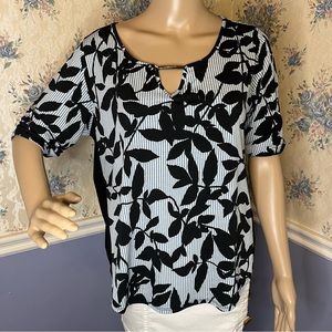 Naif Blue Black Floral Leaves Elbow Sleeve Blouse, Size M